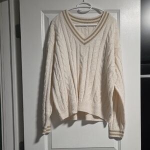 Cream Cable Knit V-Neck Sweater with Stripe Trim